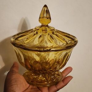 Vintage Amber Glass Candy Dish with Lid  (Chip On Lid, 2 scratched areas)